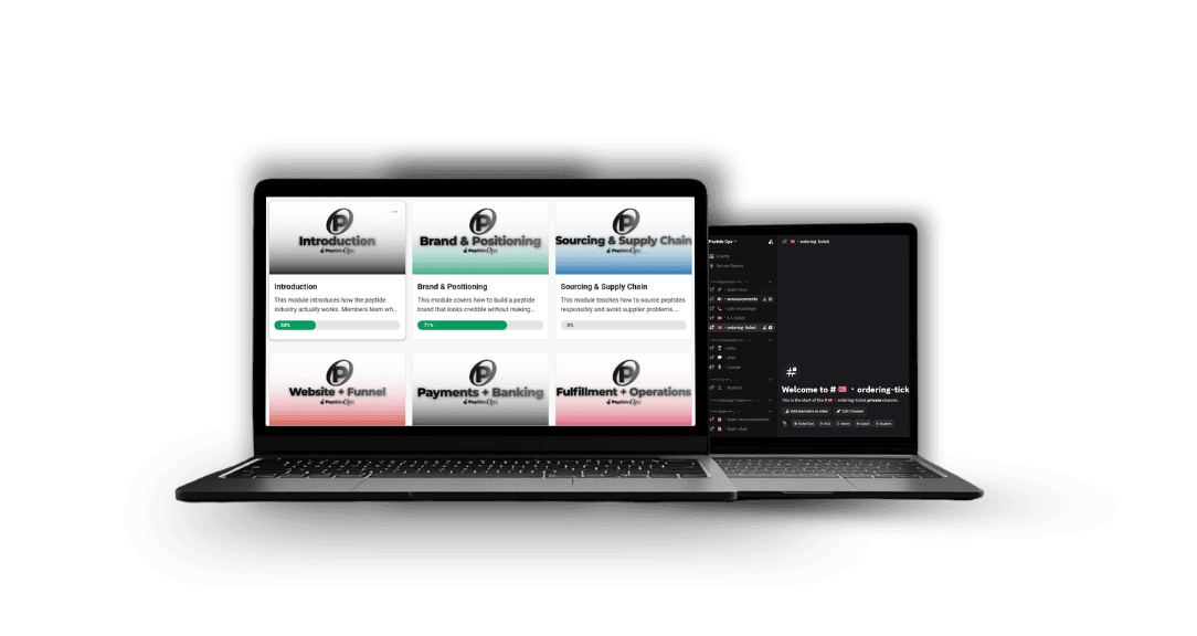 PeptideOps curriculum and Discord ordering channel on a laptop